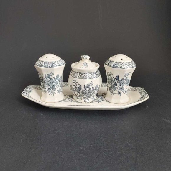 Mason's Stratford Blue Condiment Set Salt Pepper Shakers Mustard Jar Tray
